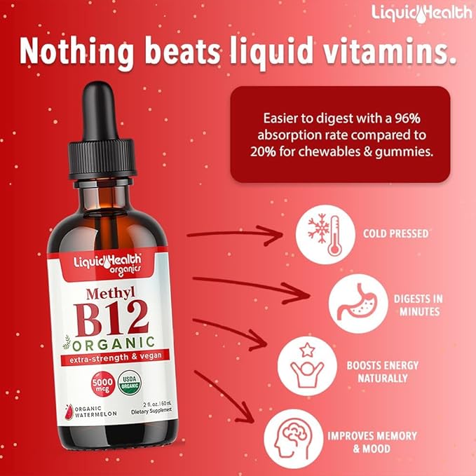 LIQUIDHEALTH Neurologic Nootropic Focus Supplement &amp Organic Methyl B12 5000mcg Vitamin Drops with Tart Cherry Juice for Immune Support Improved Memory &amp Concentration Natural Energy Overal