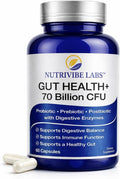 NUTRIVIBE LABS™ Gut Health 6-in-1 Probiotics 70 Billion CFU for Women &amp Men Prebiotics Postbiotics Enzymes L-Glutamine - Digestive &amp Immune Health Occasional Gas &amp Bloating Support -