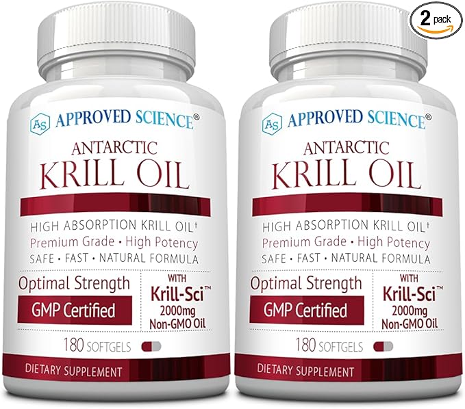 Approved Science Krill Oil - 2000mg Antarctic Krill Oil 650mcg Astaxanthin - 260mg EPA 160mg DHA - 180 Softgels - Pack of 2