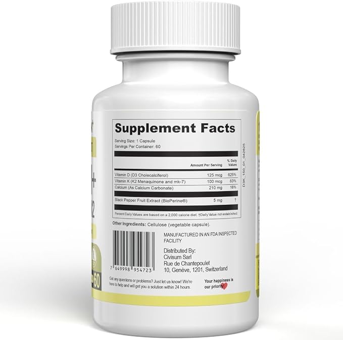 Swiss Activa+ Labs Calcium with Vitamin D3 &amp K2 – Vegan Non-GMO Bone &amp Teeth Support Supplement – Immune &amp Muscle Function – Heart Health D3 K2 Vitamins for Men &amp Women Gluten–60 Day