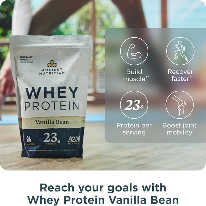 Ancient Nutrition Grass Fed Whey Protein 23g Protein Hydrolyzed Collagen Peptides Organic Regenerative A2/A2 Milk Protein (35 Servings Vanilla Bean)