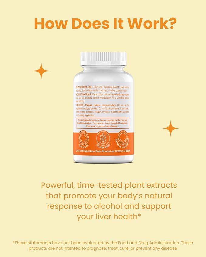 Parachute - Smoother Landings After Drinking | DHM and Milk Thistle Blend | Supplement to Promote Alcohol Metabolism and Support Liver Health | 60 Tablets