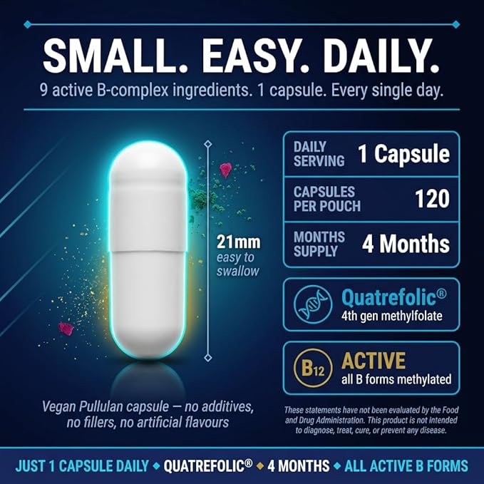 5-MTHF Complex with Quatrefolic Active Folate (L-Methylfolate) 1mg + Methyl B12 1mg + P-5-P B6 + Riboflavin-5-Phosphate Vegan Non-GMO 120 Capsules