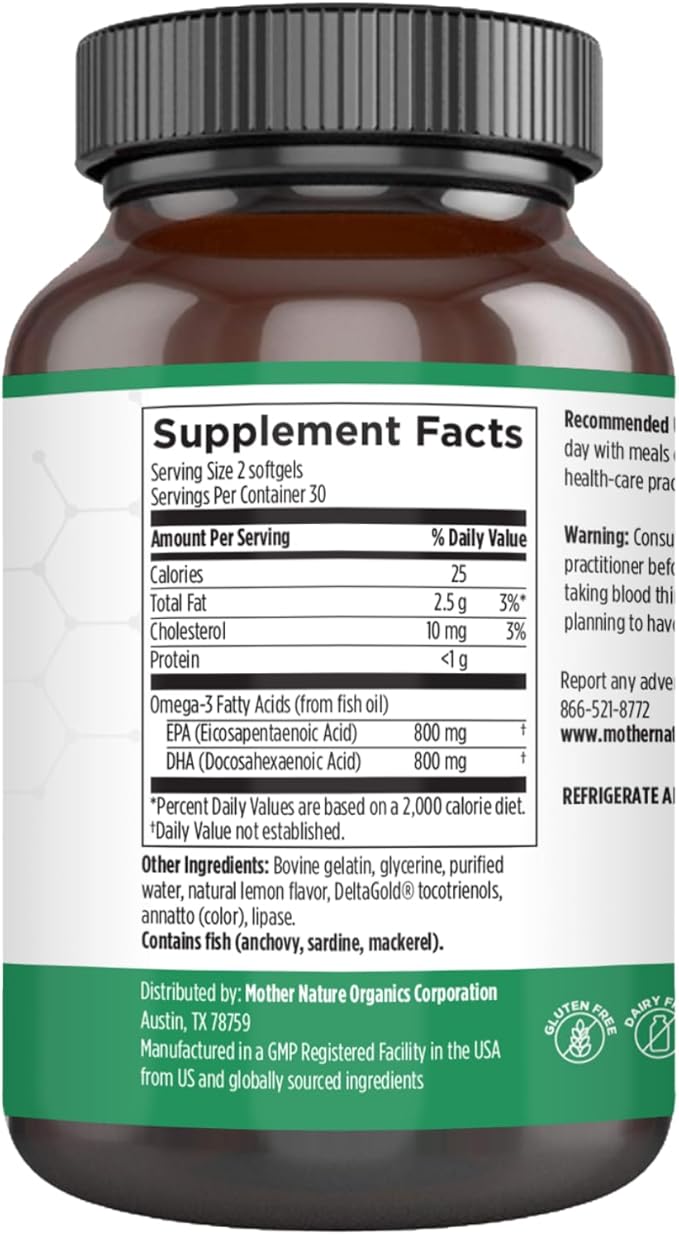 High EPA DHA Omega 3 Fish Oil 1600mg – 120 Softgels Glass Bottle by Mother Nature Organics – Heart Brain &amp Joint Support – Burpless High Absorption Pure Sustainable Omega 3 Fatty Acids Supplem