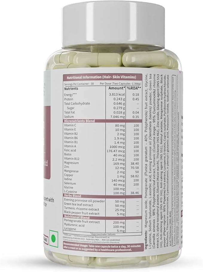 Generic Hair Skin Vitamins Supplement with Hyaluronic Acid Biotin Keratin Booster for Hair Growth Turmeric Primrose Oil &amp Collagen Supporter- 60 Capsules for Men and Women