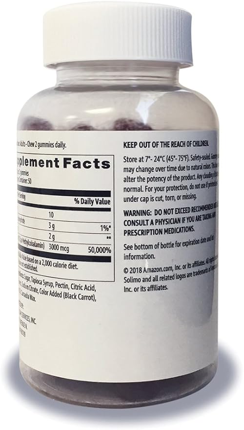 Amazon Basics Vitamin B12 3000 mcg Gummies (2 Packs of 100) 2 per Serving and Amazon Basics Vitamin D3 2000 IU Gummies Orange Lemon &amp Strawberry 160 Count (2 per Serving) (Previously Solimo)