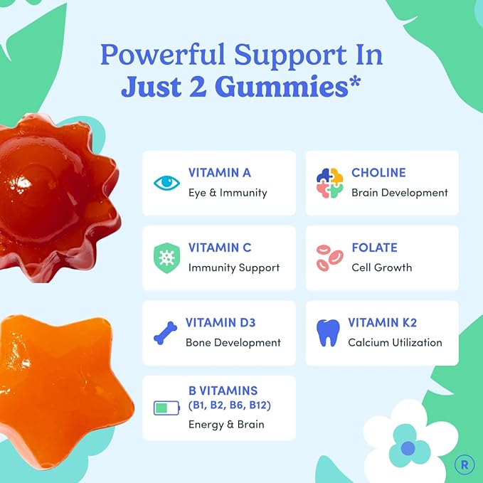 FIRST DAY Toddler Multivitamin Gummies (Ages 2-3)| Kids Multivitamin Gummies with Vitamins A C D3 B2 B12 Choline Folate and 21 Organic Superfoods| (30 Day Supply)