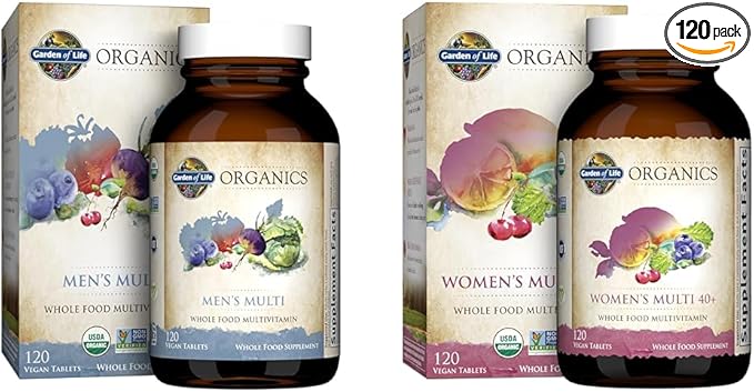 Garden of Life Organics Whole Food Multivitamin Bundle for Men 120 Tablets and Women 40 Plus 120 Tablets