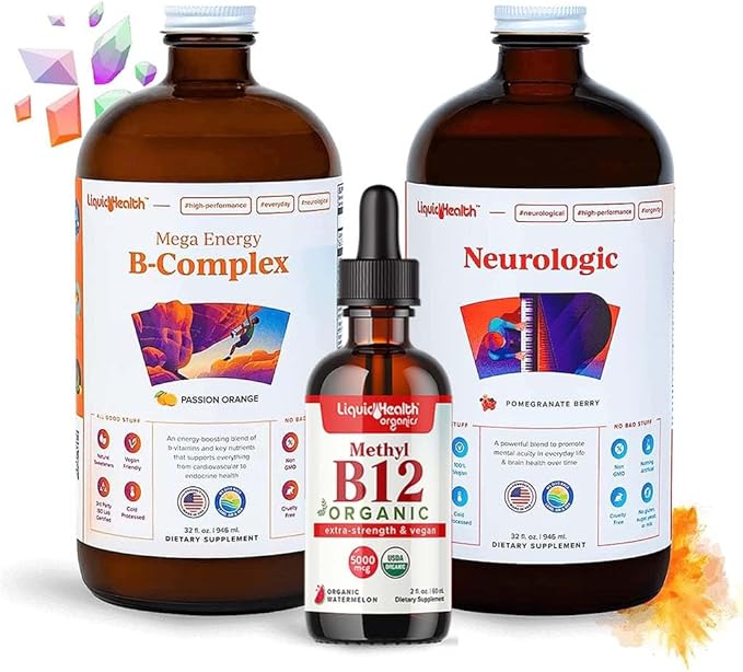 LIQUIDHEALTH Adult Focus &amp Energy Liquid Vitamin Bundle with Mega Energy B-Complex USDA Organic Methyl B12 Drops Neurologic Nootropic Focus Supplement - Boost Energy Mood - USA Made Vegan Non