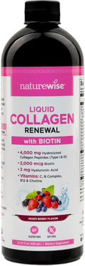 NatureWise Hydrolyzed Liquid Collagen for Women &amp Men 4000mg - Multi Collagen Peptides + Biotin + Vitamin C + Vitamin B Complex &amp Hyaluronic Acid - Mixed Berry - 15.22 fl oz[45 Day Supply]