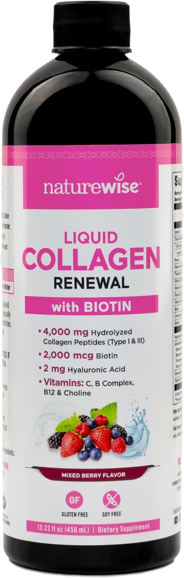 NatureWise Hydrolyzed Liquid Collagen for Women &amp Men 4000mg - Multi Collagen Peptides + Biotin + Vitamin C + Vitamin B Complex &amp Hyaluronic Acid - Mixed Berry - 15.22 fl oz[45 Day Supply]