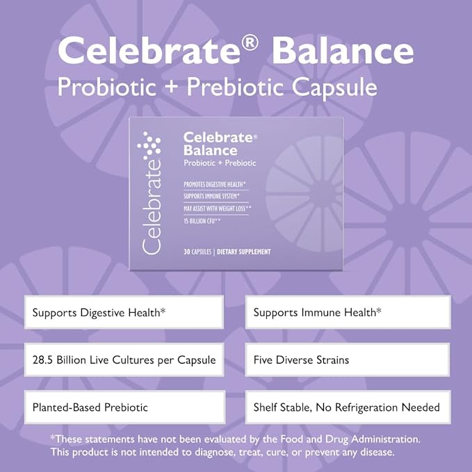 Celebrate Vitamins Balance Probiotic + Prebiotic - Post Bariatric Surgery Daily Supplement for Women &amp Men 28.5 Billion CFU - Supports Digestive &amp Immune Health Gluten Free (30 Capsules)