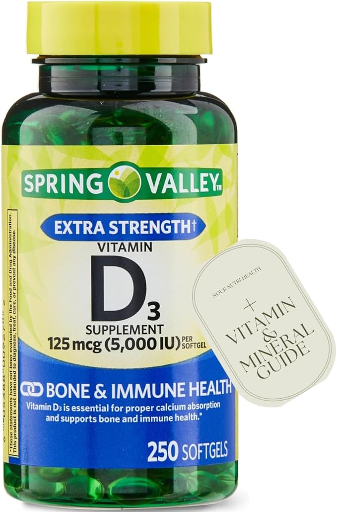 1 Pack Vitamin D3 Softgels Vitamin D3 125MCG 5000 IU 250 Count Includes +(Vitamin Guide)