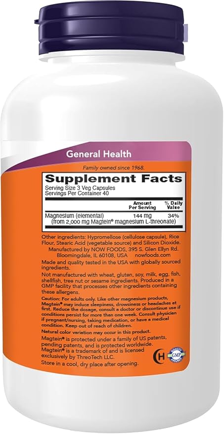 NOW Foods Supplements Magtein Magnesium L-Threonate Cognitive Support* 120 Veg Capsules (Pack of 2)