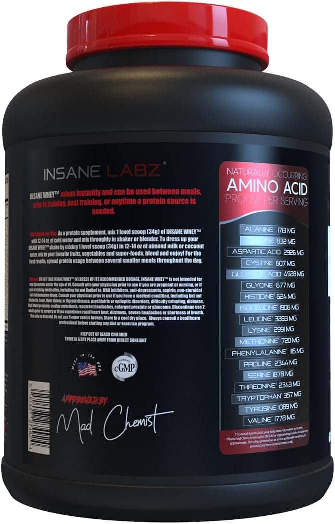 Insane Labz Insane Whey100% Muscle Building Whey Protein Post Workout BCAA Amino Profile Mass Gainer Meal Replacement 5lbs 60 Srvgs (Birthday Cake)