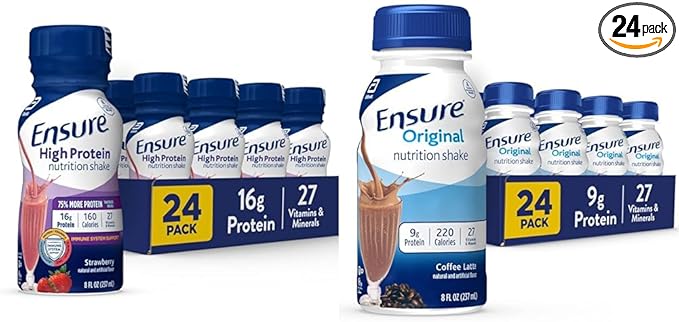 Ensure High Protein Strawberry and Original Coffee Latte Nutrition Shakes 24 Pack Bundle
