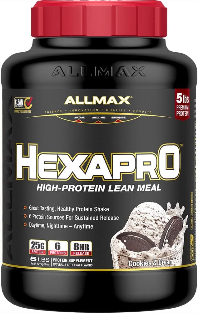 ALLMAX HEXAPRO Cookies &amp Cream - 5 lb - 25 Grams of Protein Per Serving - 8-Hour Sustained Release - Zero Sugar - 52 Servings