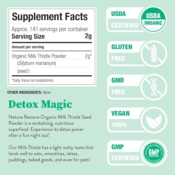 Nature Restore USDA Certified Organic Milk Thistle Seed Powder 10 Ounces Packaged in California