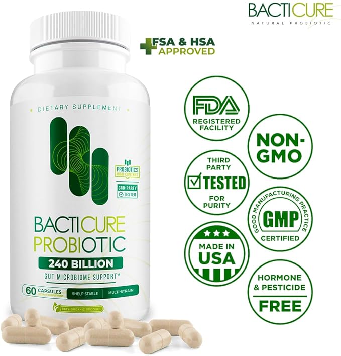 Bacticure Probiotic 120 Capsules | Probiotics Supplement w/High CFU Formula for Men &amp Women | Prebiotics &amp Digestive Enzymes for Digestion &amp Gut Health Vaginal Health Colon Cleanse Immu