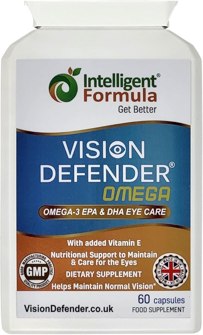 VISION DEFENDER OMEGA Eye Supplement: Care and Relief for Dry Eyes Improve Eye Health- High Strength 1000mg Pure Omega-3 Fish Oil (400mg EPA 200mg DHA per capsule)+Vitamin E (60 Softgels) Made in UK