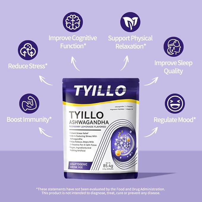 TYILLO Ashwagandha Drink Mix Raspberry Lemonade Flavor with L-Theanine Magnesium &amp D3 – Stress Relief Calm Focus &amp Sleep Support 20 Servings Sugar-Free Vegan Non-GMO Made In USA
