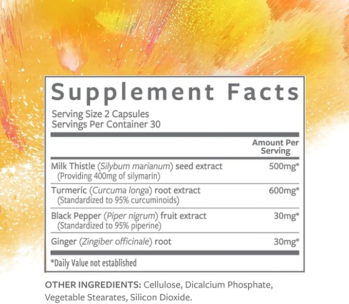 Liver Support Supplement for Liver Health &amp Detox Milk Thistle Turmeric Supplement with Antioxidant Protection Vegetarian Capsules Non-GMO Gluten &amp Soy Free - 60 Count