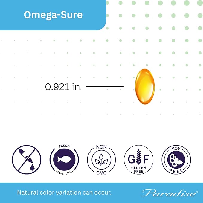 Paradise Herbs Omega-Sure Omega-3 Concentrate Premium Fish Oil DHA EPA Vegan Non GMO Gluten Free 60 Count Vegetarian Softgels