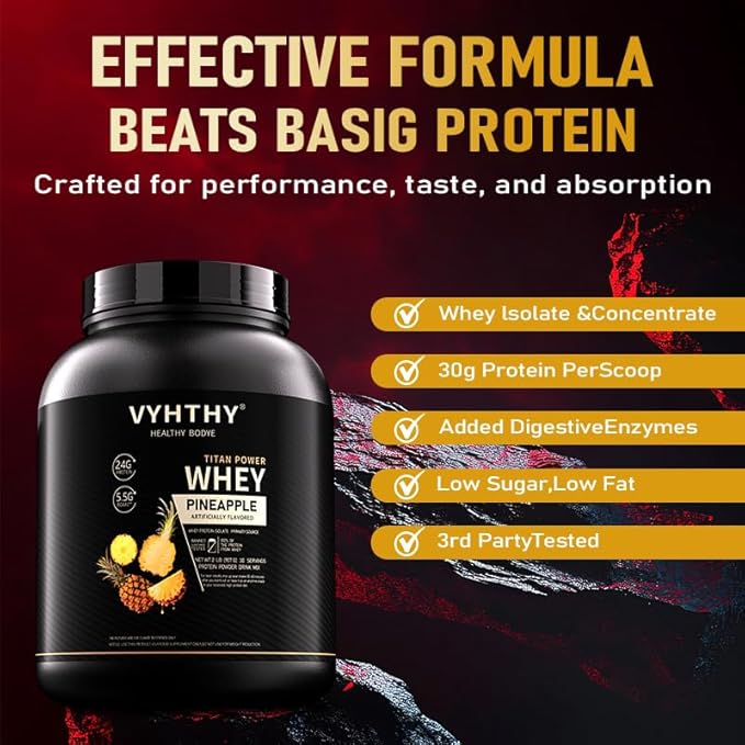 Pineapple Flavored Whey Protein Powder24g Protein per Serving Fast-Absorbing Concentrated whey Protein Low Sugar Gluten-Free Natural Flavor 2 lbs/32 oz.