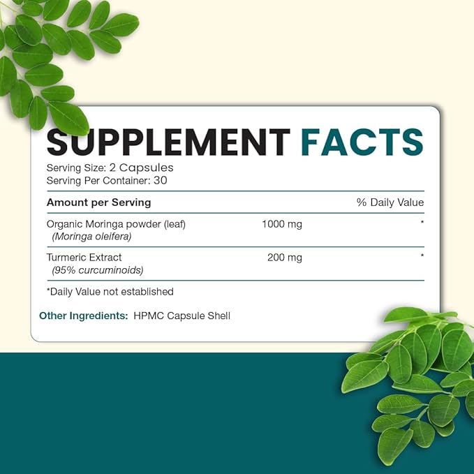 Moringa w/Curcumin Capsules (60 Caps) 1200mg Per Serving - 3rd Party Tested Filler-Free