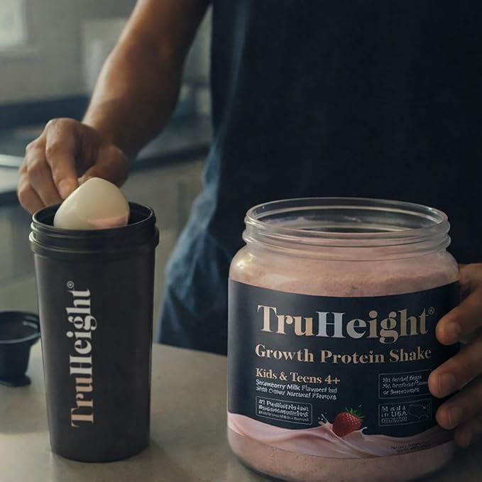 TruHeight Growth Protein Shake (Strawberry Milk Flavor Whey) Growth &amp Development Protein Powder for Kids &amp Teens - Pediatric Weight Gain Drinks - Picky Eater Vitamin Ages 4+