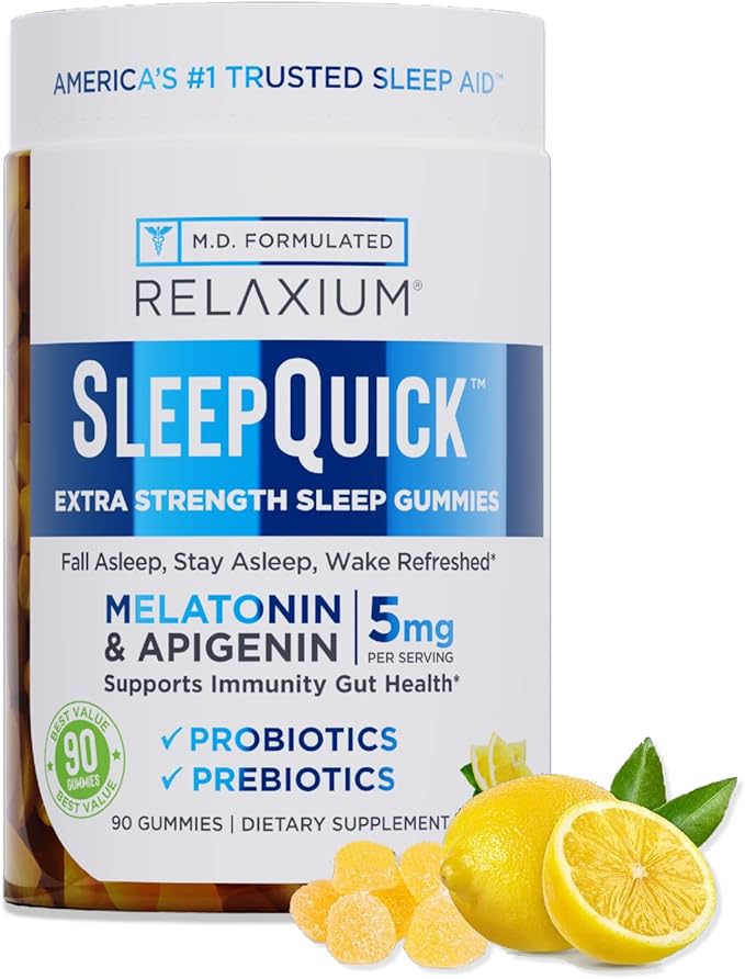 Relaxium SleepQuick Gummies - Sleep Aid + Gut Health &amp Immune Support 5mg Melatonin Vitamin D-3 + Prebiotic &amp Probiotic Blend Gluten &amp Drug Free Lemon Flavor 90 Gummies