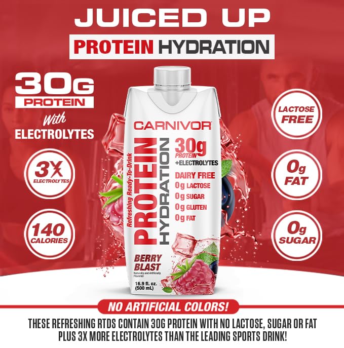 MuscleMeds Carnivor Protein Hydration RTD Ready to Drink Lactose Free Sugar Free 30g Isolate Protein Halal Certified Berry Blast 16.9 Fl Oz (Pack of 12)