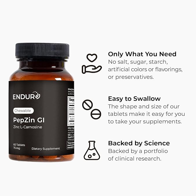 Endur PepZinGI ZINC-CARNOSINE Chewables Digestive Supplement Gentle &amp Effective Formula for Digestive Wellness Gluten Free 75mg (60 Tablets)