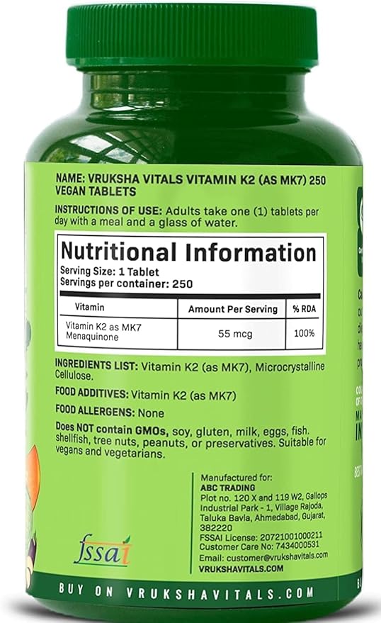 Generic Vitamin K2 as MK7 55mcg per Tablet - 250 Tablets - Plant Based Vegan Vitamin K Capsules/Tablets Supplement