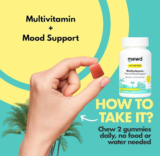 MEWD Teen/Kids Daily Multivitamin Gummy with Natural Mood Enhancer Vegan Immune Booster Iron &amp Zinc Supplement Gluten-Free Focus Vitamin for Brain Health – Made in USA