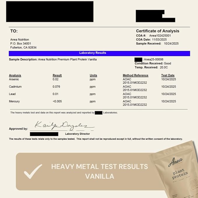 Anea Plant Protein - Vanilla | 20g Vegan Protein | Complete Amino Acids | Dairy-Free Gluten-Free Cholesterol-Free | Smooth Vanilla Flavor | Made in GMP Facility