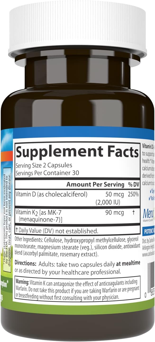 Carlson - Vitamin D3 + K2 50 mcg (2000 IU) Vitamin D3 &amp 90 mcg Vitamin K2 as MK7 Bone Support Calcium Absorption 60 Capsules (Pack of 2)