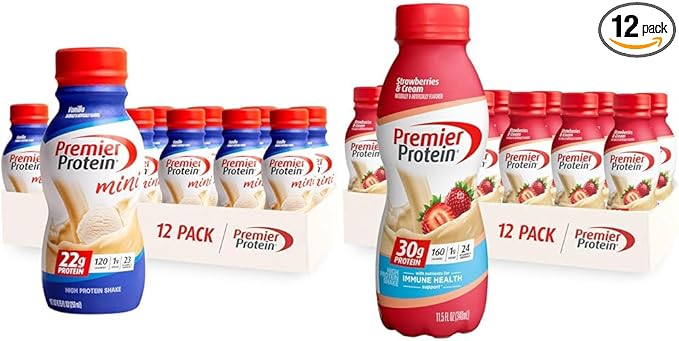 Premier Protein Shake MINIs Vanilla 22g Protein 120 Calories Pack of 12 &amp Strawberries Premier Protein Shake 30g Protein 160 Calories Pack of 12