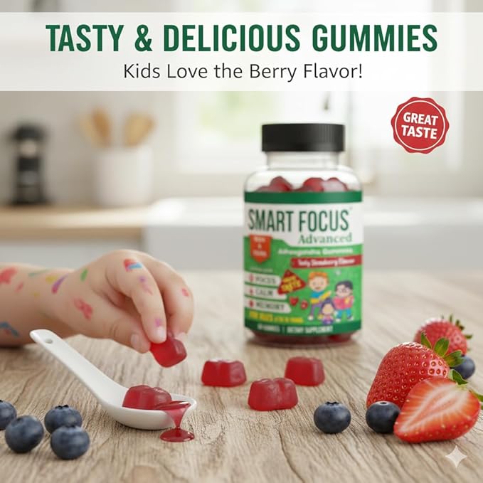 Kids Focus Gummies with Calm Ashwagandha Supplements for Kids &amp Teens – Calm Gummies for Attention Memory &amp Relaxed Sleep – Natural Strawberry Flavor – 60 Gummies