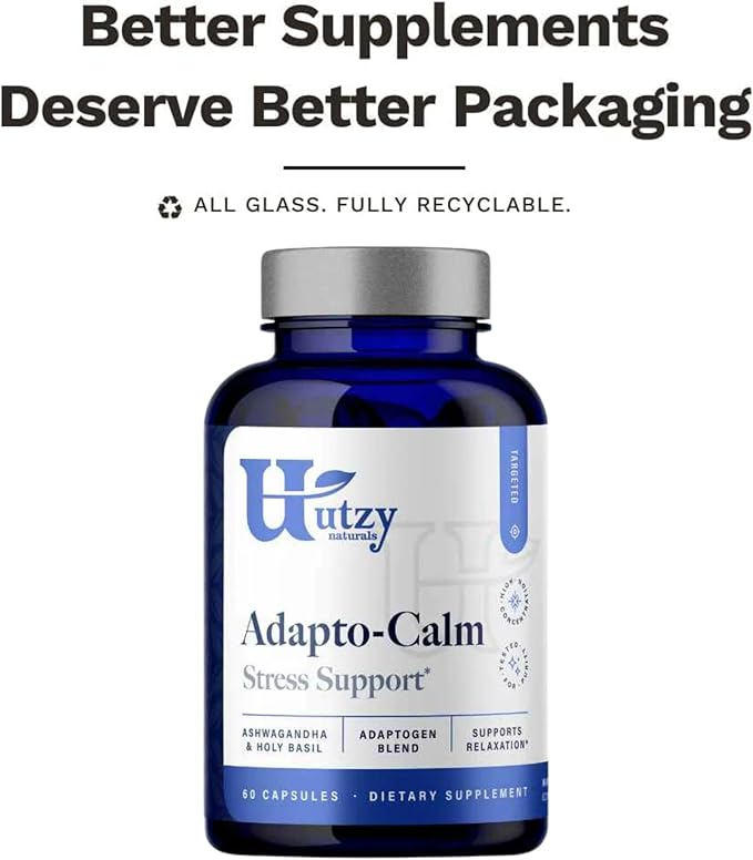 Utzy Naturals Adapto-Calm | Stress Support Formula | with Ashwagandha Tulsi Holy Basil and Passionflower | 60 Capsules