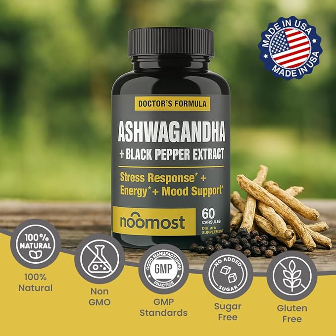 NooMost Organic Ashwagandha 400mg Capsules w/Black Pepper Extract as Vegan Ashwagandha Supplements for Anti Stress Relief Natural Mood Support Energy &amp Focus-60 Capsules