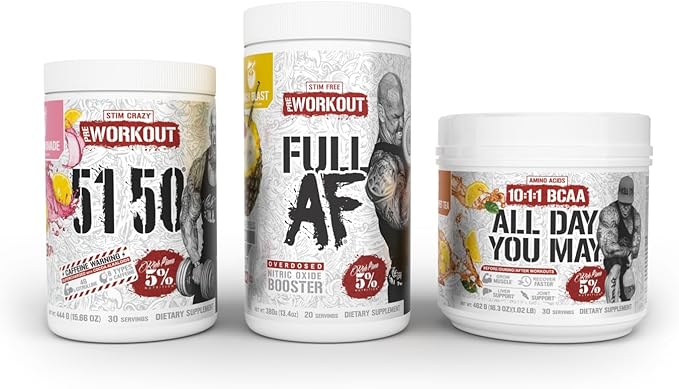 5% Nutrition Rich Piana 3-Stack | 5150 High-Stim Pre-Workout + FullAF Stim-Free Pre-Workout + AllDayYouMay Amino Acids BCAAs (Choose Your Flavors)
