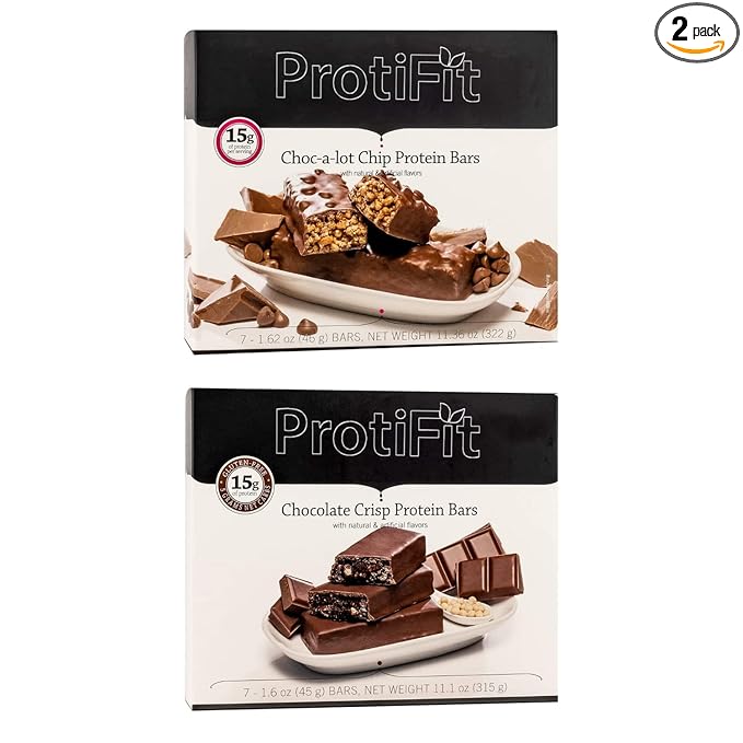 PROTIFIT - Low Calorie Choc-A-Lot Chip &amp Chocolate Crisp Protein Bar 2 Pack High Protein 15g Protein Low Carb Low Sugar Ideal Protein Compatible 7 Servings Per Box (2 Pack)