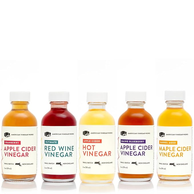 American Vinegar Works - Apple Cider Vinegar Sampler Pack - Includes Apple Cranberry Hot Wild Blueberry and Maple Cider Vinegars - Great for Gifts - 2oz Bottles - 5 Pack