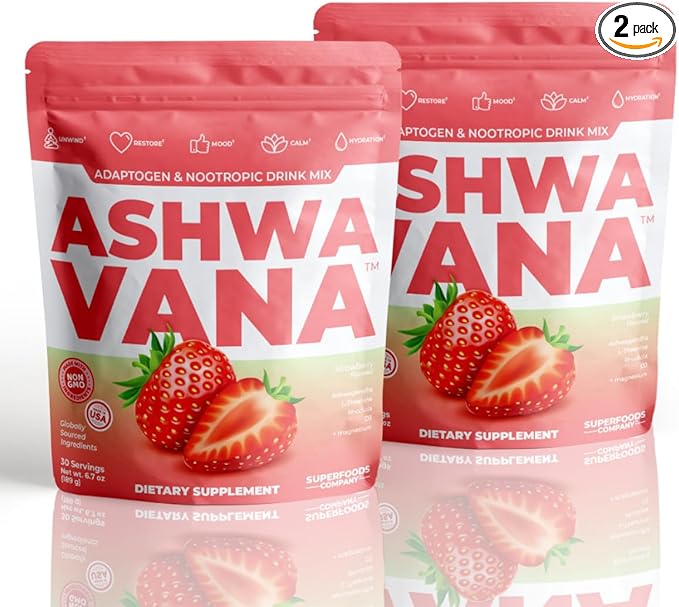 ASHWAVANA Zen Relax Drink Mix - Nootropic Adaptogen-Infused Ashwagandha Beverage - Rhodiola Magnesium L-Theanine - Restore &amp Unwind - Alcohol Alternative - Strawberry Flavor - 60 Count (Pack of