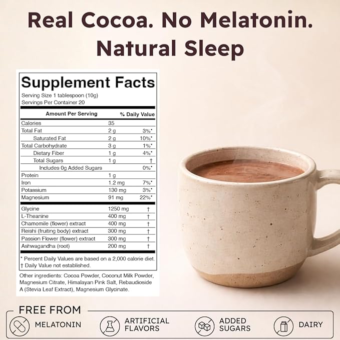 Brainoa Sleep Cocoa for Chocolate Lovers – With Magnesium Glycinate Ashwagandha Reishi Mushroom &amp L-Theanine – Bedtime Sleep Aid Drink for Adults – No Melatonin Added Sugar or Artificial Flavo