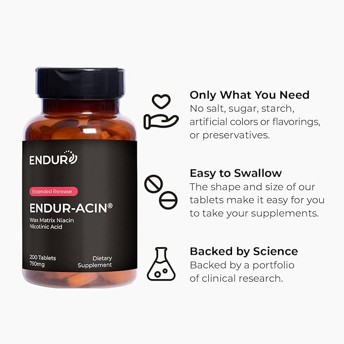 ENDUR-ACIN - Niacin B3 - ER (Extended Release) 750 mg - Nicotinic Acid - Healthy Heart &amp Cholesterol Balance Supplement - Low-Flush High-Potency Niacin with 4–8 HR Timed-Release Matrix - 200 Table