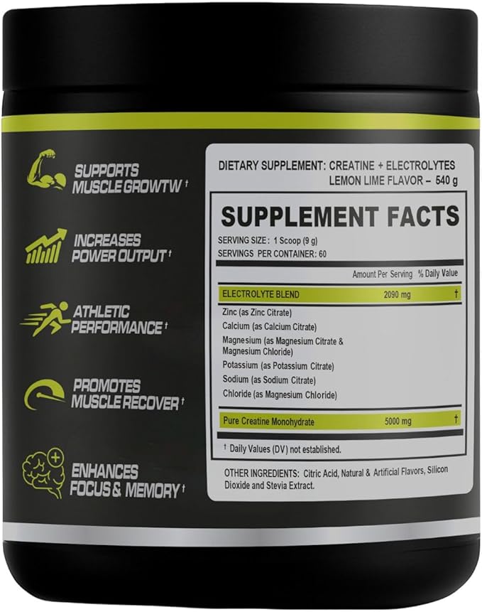 M+S Micronized Creatine Monohydrate Powder with Electrolytes – 5g Creatine per Serving Lemon Lime Flavor – Highly Soluble Creatine Powder for Hydration Support – Sugar Free 60 Servings