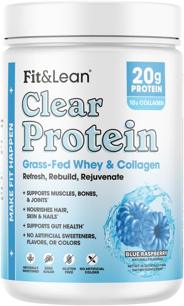 Fit &amp Lean Clear Protein Powder with Whey Isolate Protein and Collagen Grass Fed Muscle Recovery Skin Joints GLP-1 Support 0g Sugar Blue Raspberry 20 Servings