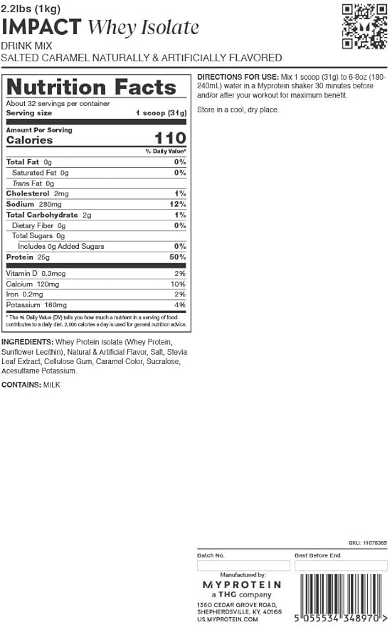 Myprotein Impact Whey Protein Isolate 2.2 Lbs (40 Servings) Salted Caramel 25g Protein &amp 6g BCAA Per Serving Gluten-Free Shake for Muscle Strength &amp Recovery